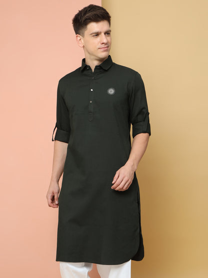 BOTTLE GREEN PATHANI KURTA SET