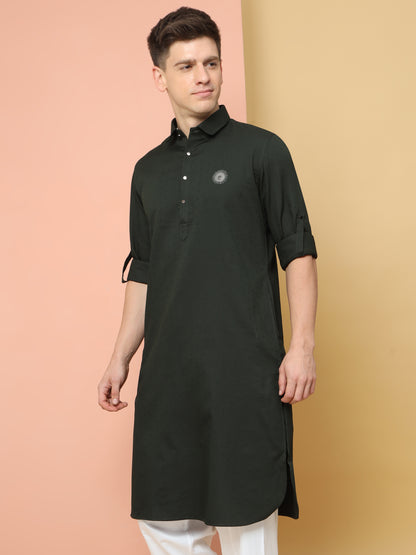 BOTTLE GREEN PATHANI KURTA SET