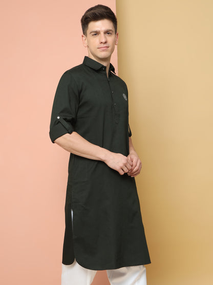 BOTTLE GREEN PATHANI KURTA SET