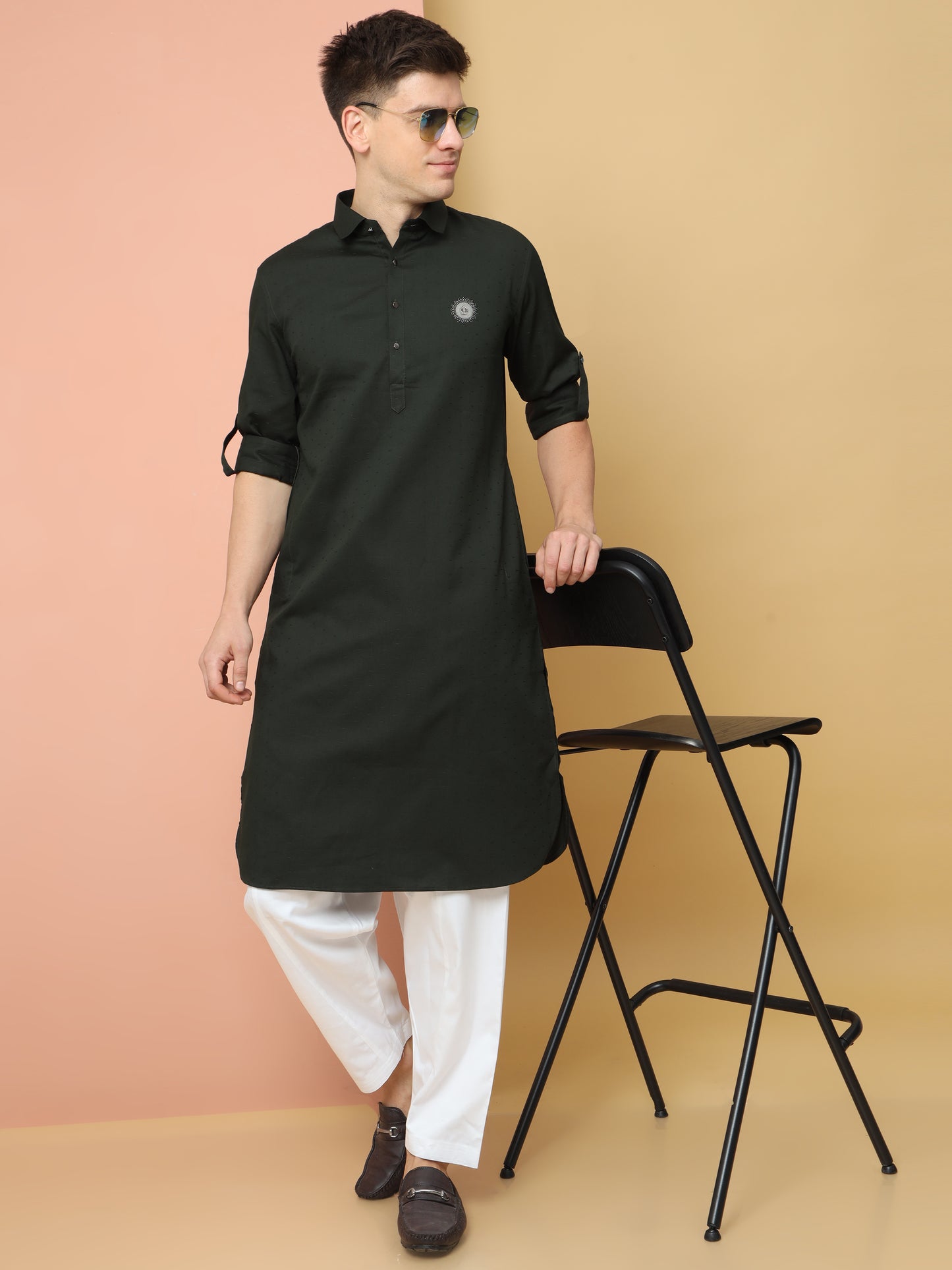 BOTTLE GREEN PATHANI KURTA SET