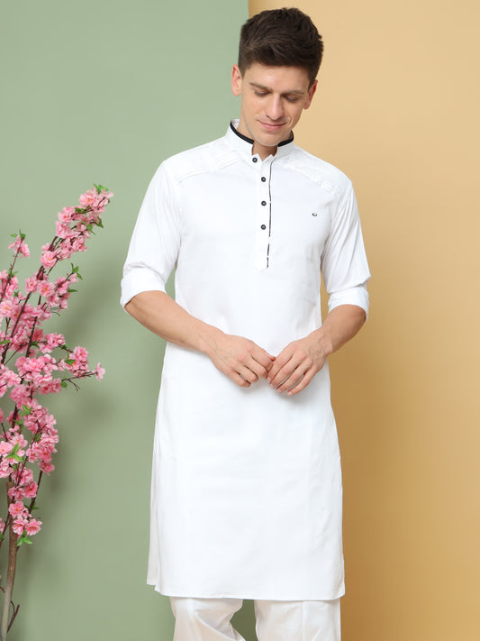 WHITE PATHANI KURTA SET WITH COLLAR BLACK PIPPING