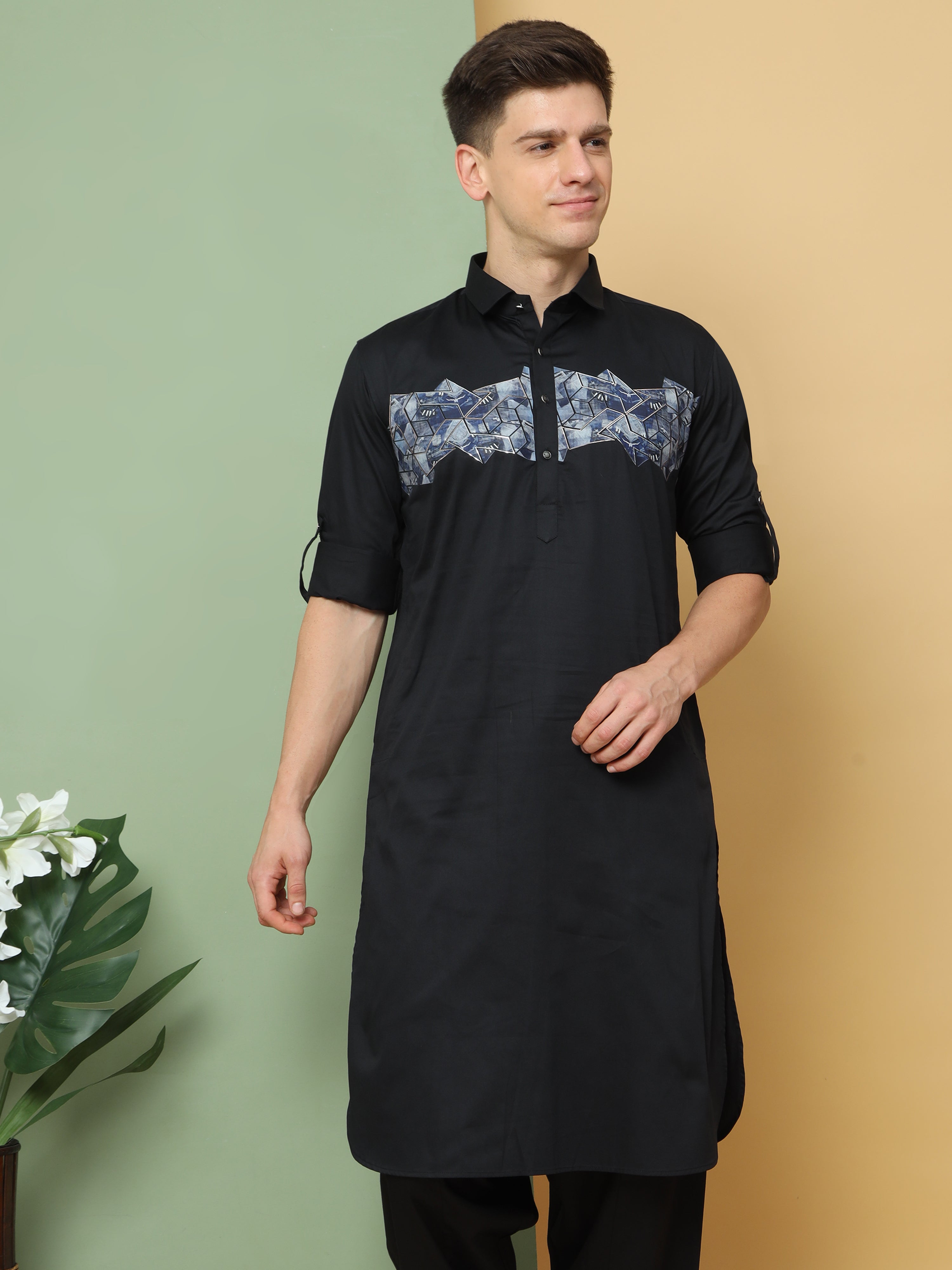 BLACK PRINTED PATHANI KURTA SET Aswan