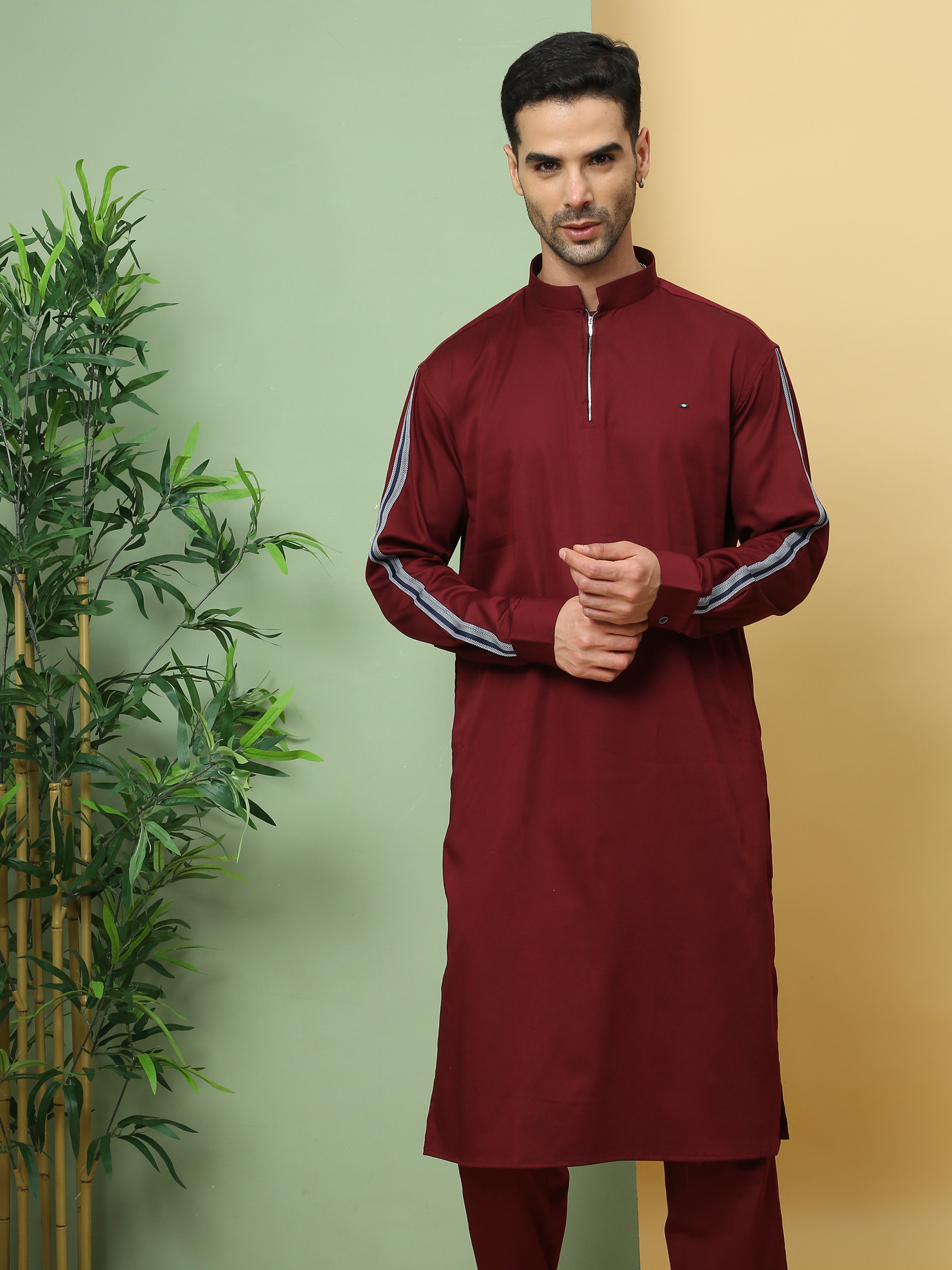 MAROON SOLID PATHANI KURTA SET Aswan