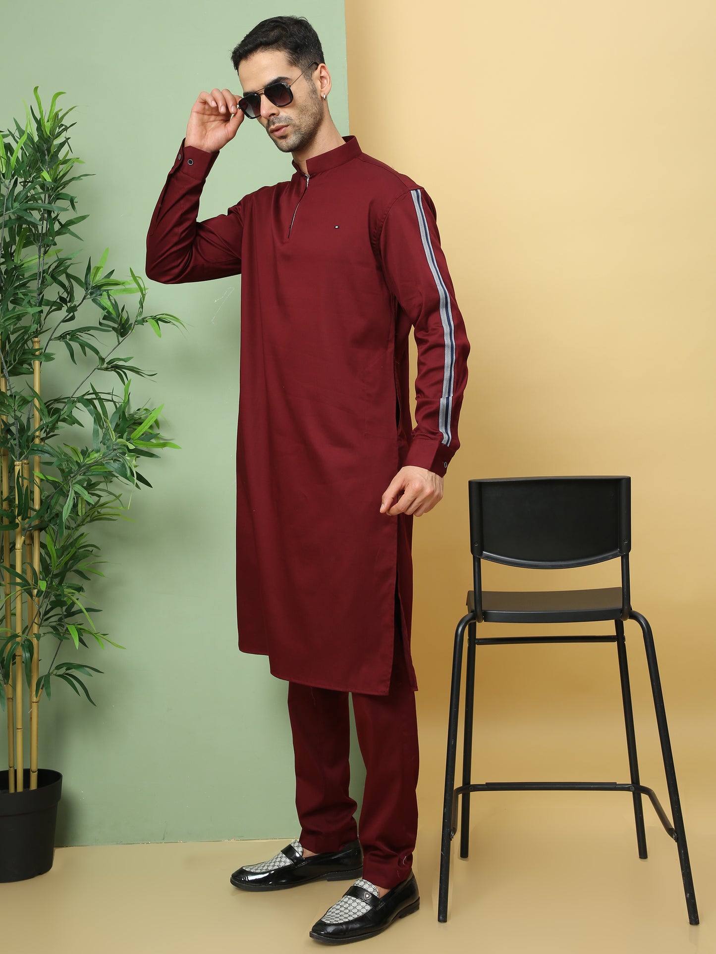 MAROON SOLID PATHANI KURTA SET