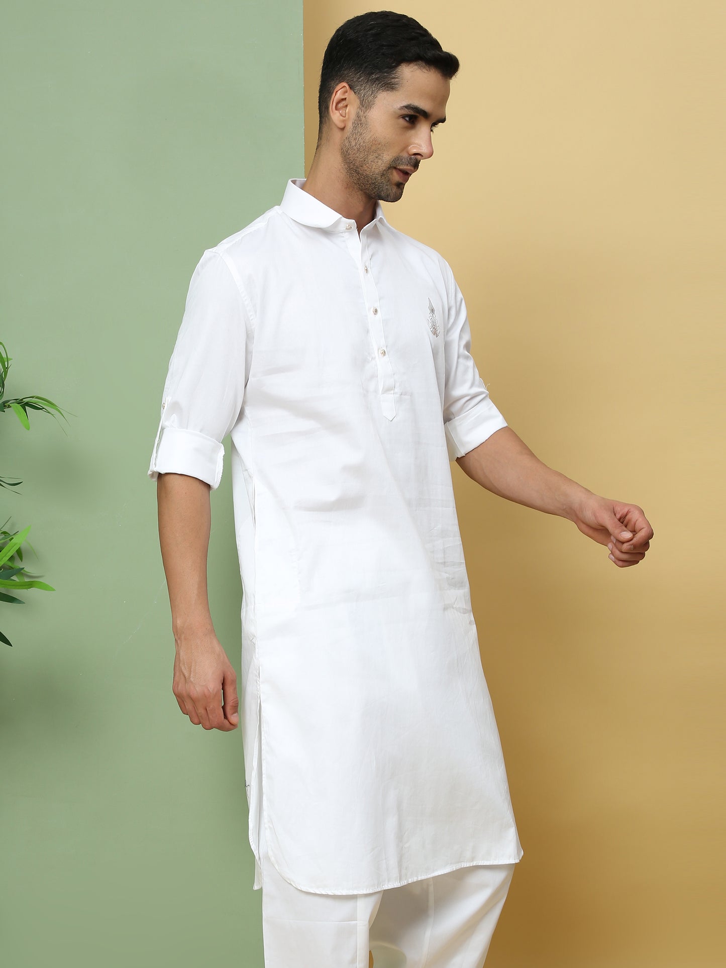 WHITE SOLID PATHANI KURTA SET