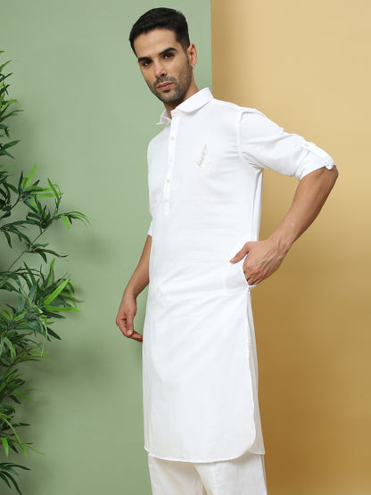 WHITE SOLID PATHANI KURTA SET