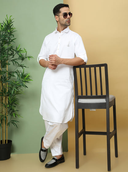 WHITE SOLID PATHANI KURTA SET