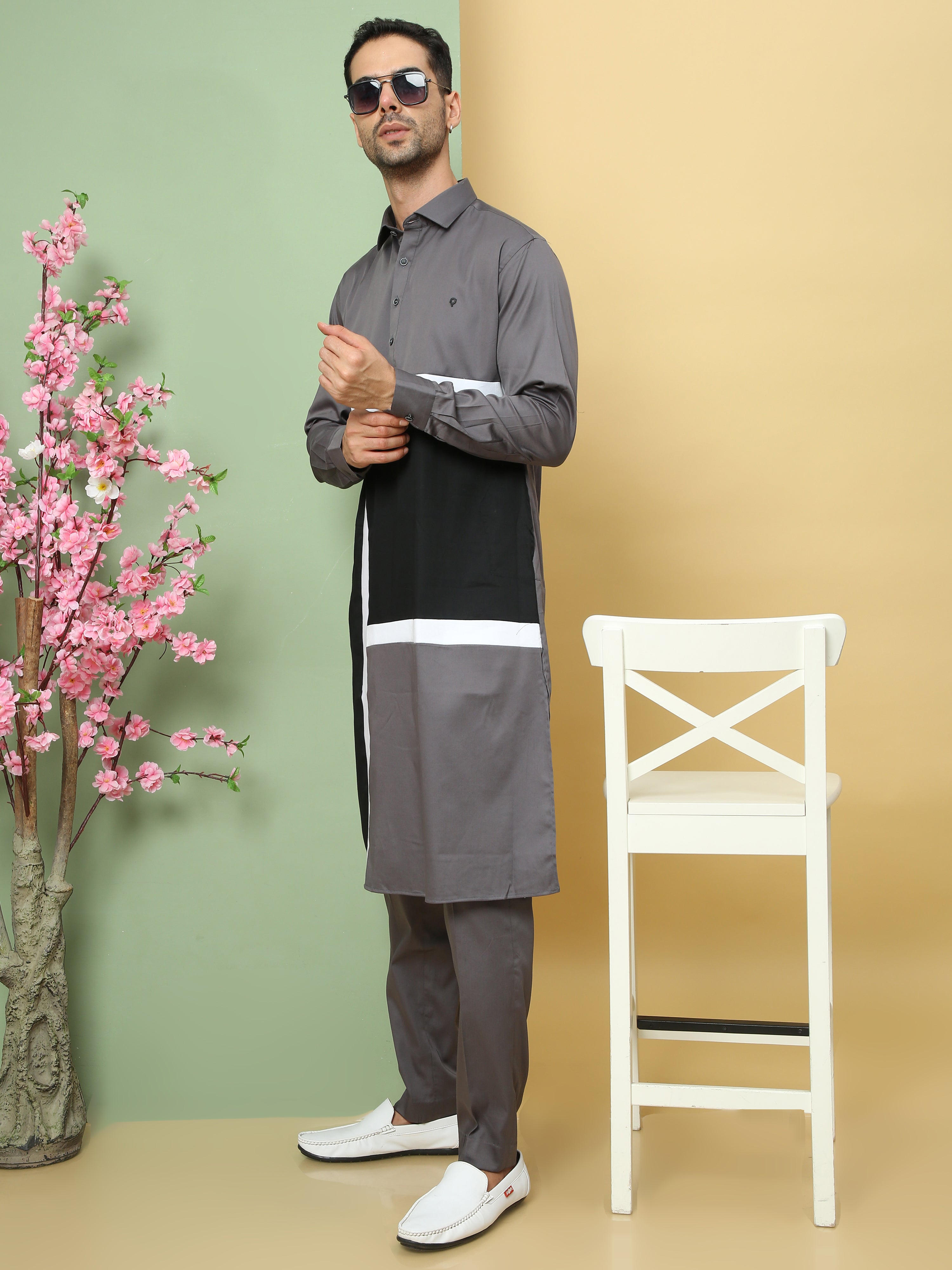 GREY PATTERNED PATHANI KURTA SET Aswan