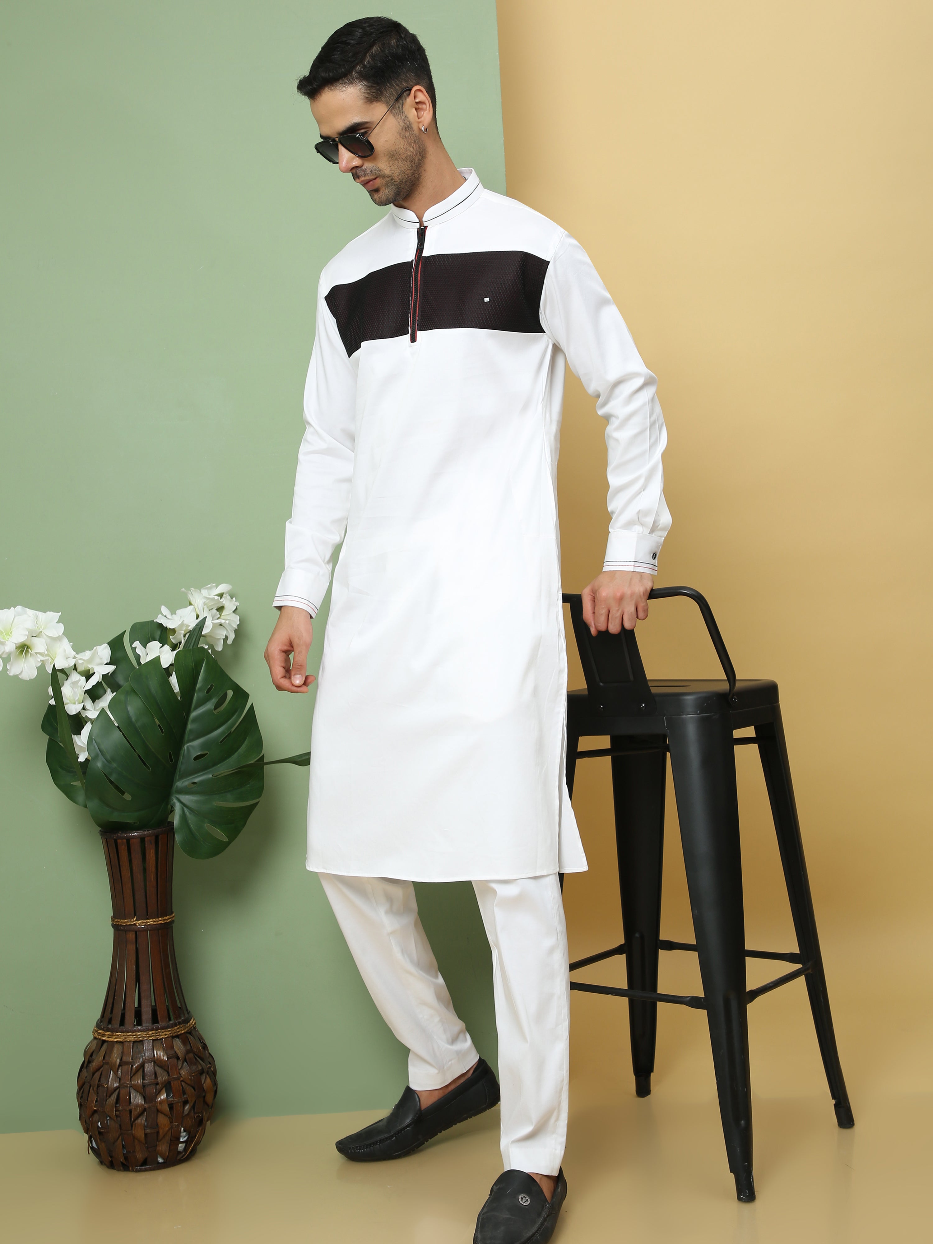 WHITE BLACK PATTERNED PATHANI KURTA SET Aswan