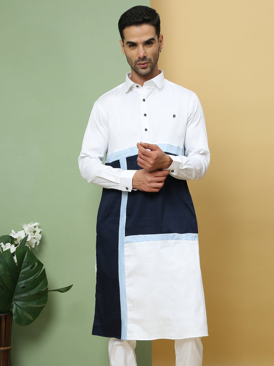 WHITE ABSTRACT PATTERNED PATHANI KURTA SET