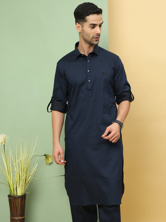 DARK BLUE SOLID PATHANI KURTA SET