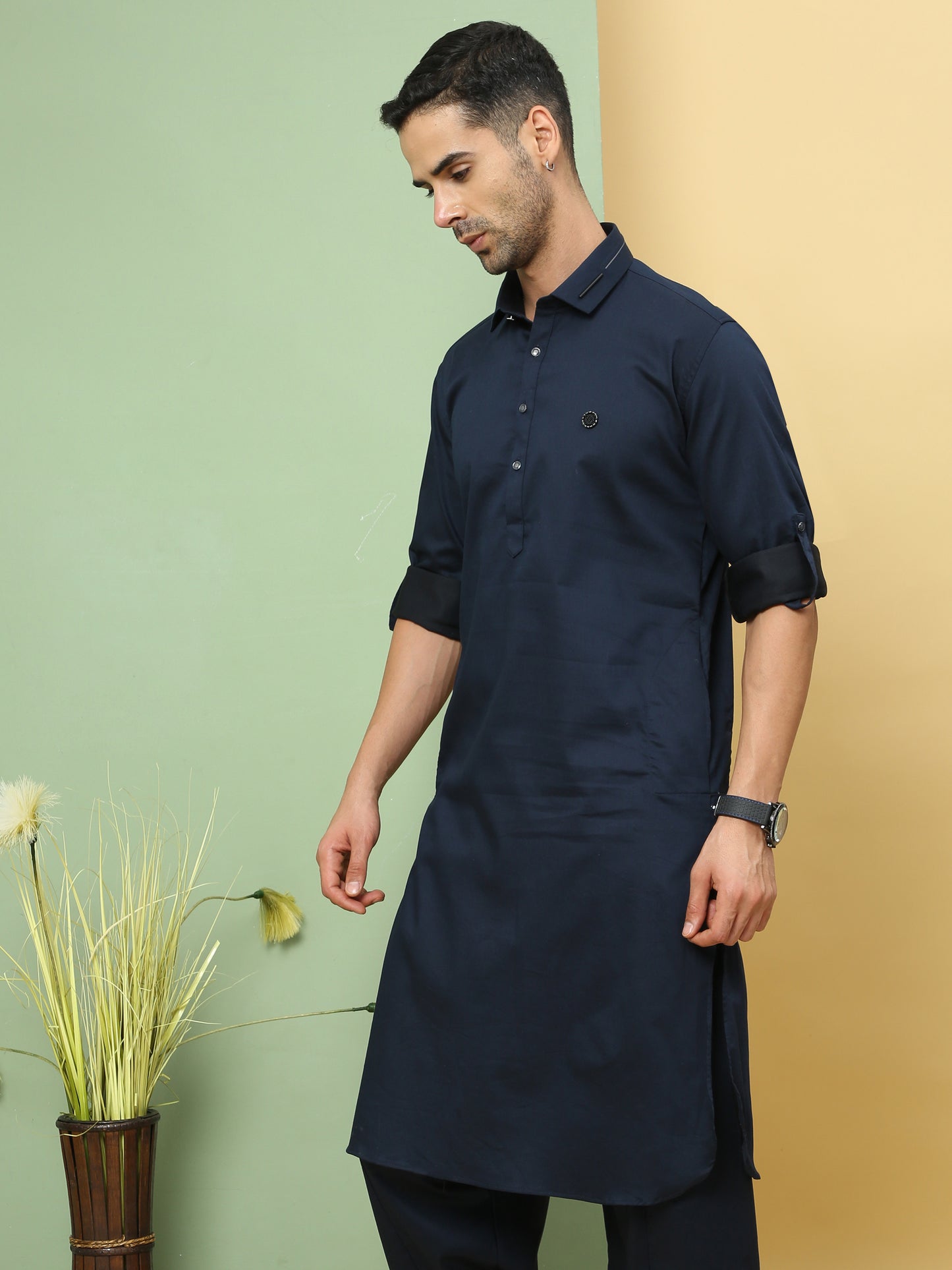 DARK BLUE SOLID PATHANI KURTA SET