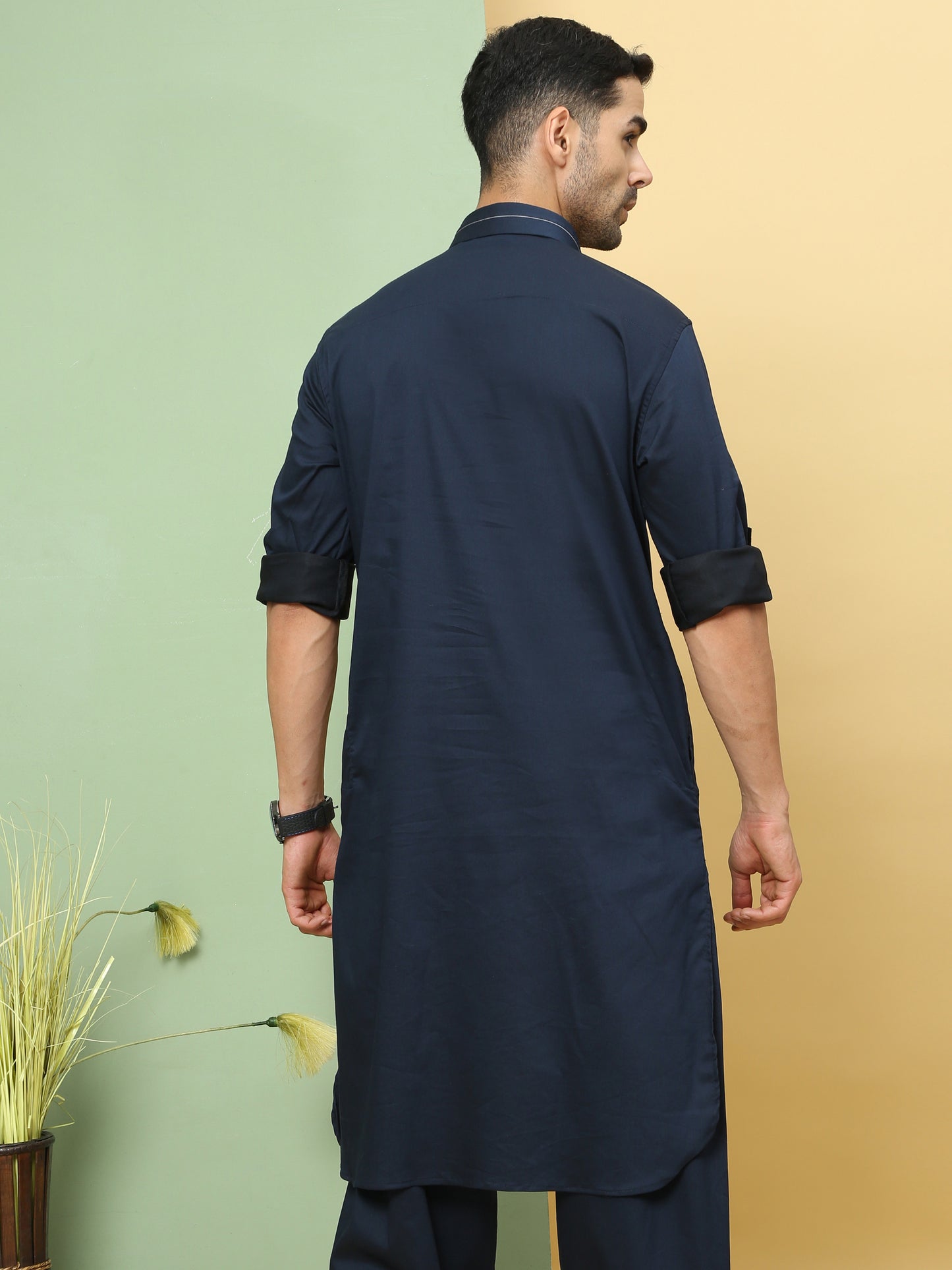 DARK BLUE SOLID PATHANI KURTA SET