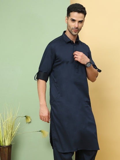 DARK BLUE SOLID PATHANI KURTA SET