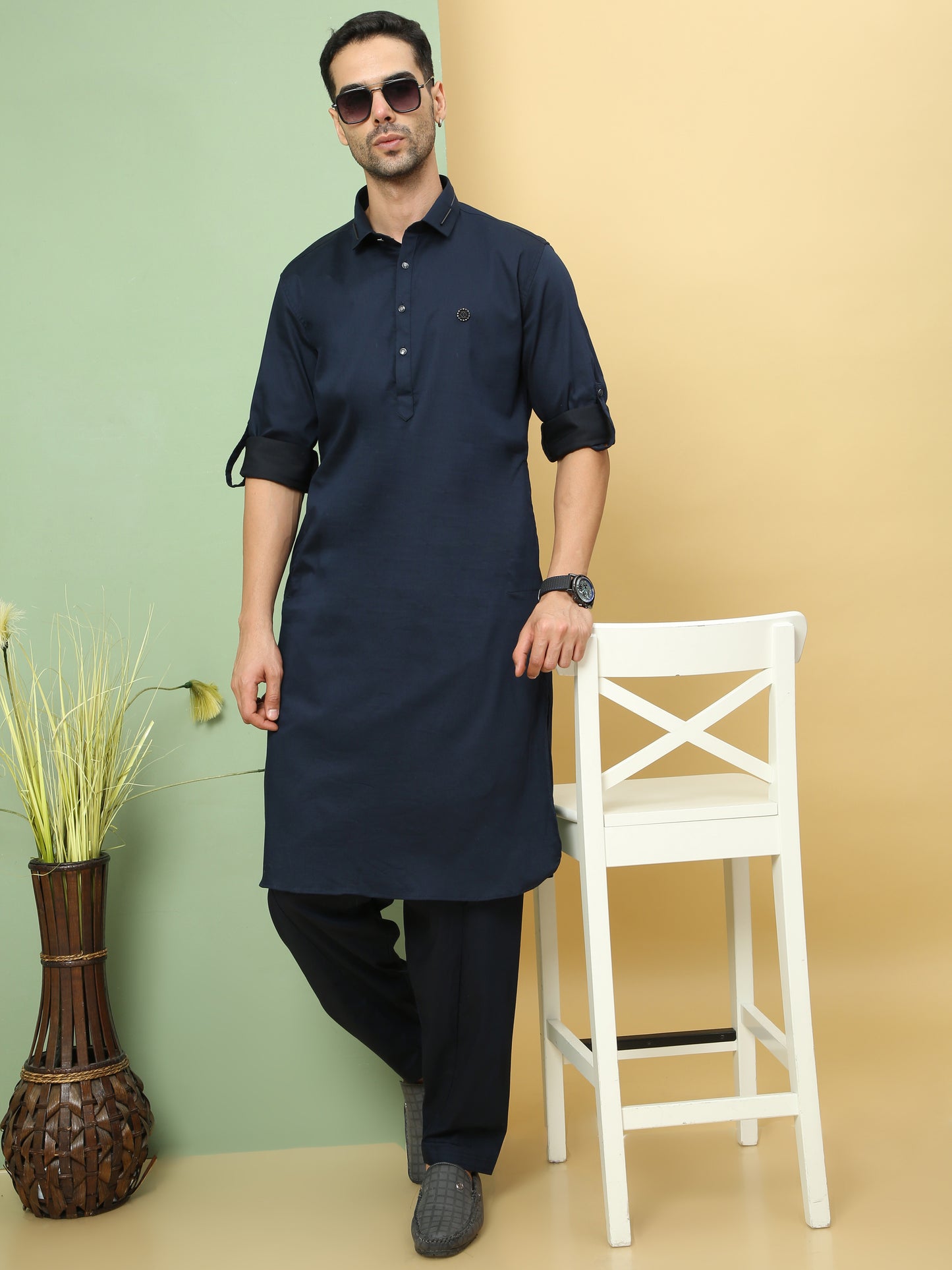 DARK BLUE SOLID PATHANI KURTA SET